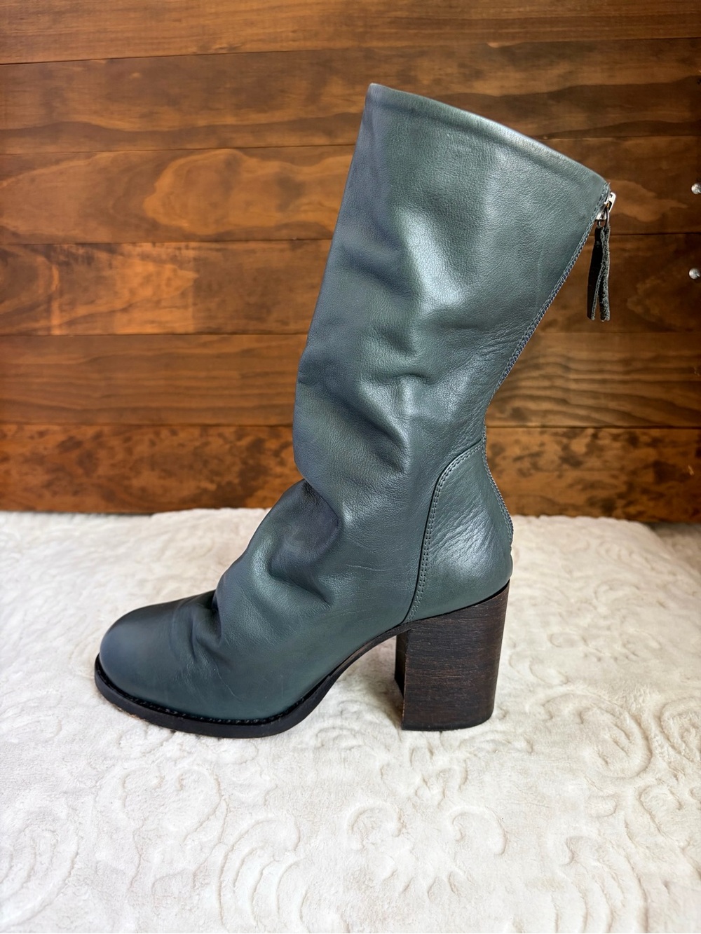 FREE PEOPLE Elle Block Heel Boots Sz 37 US 7 Teal Leather Slouch Leather Boho - Picture 6 of 16